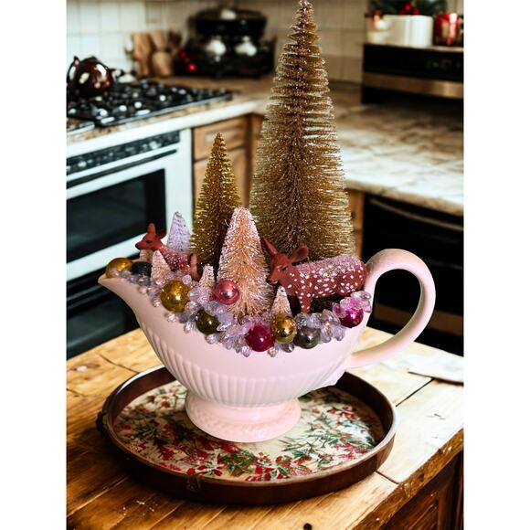 Wintery Forest with Grazing Deer Christmas Assemblage in China Gravy Boat - Picture 2 of 4